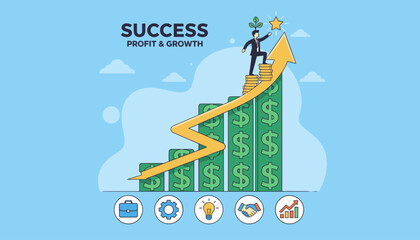 Vibrant vector illustration depicting the concept of financial success, profit, and growth, with a businessman climbing a rising arrow graph made of dollar bills towards a golden star, symbolizing