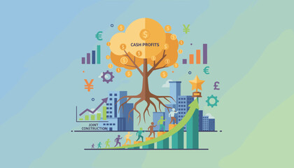 Conceptual illustration of investment management and financial growth, featuring a tree of cash profits with currency symbols, rising bar charts, a city skyline, and people climbing a green arrow