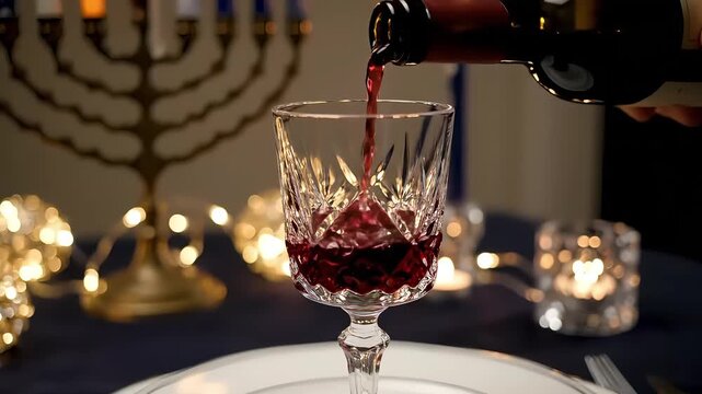Elegant crystal glass positioned on a beautifully set table, as red wine is poured in a continuous motion, showcasing the festive ambiance with soft lighting and decorative elements enhancing the scen