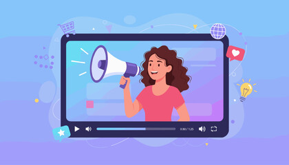Vivid illustration of a woman with curly hair holding a megaphone, promoting something on a video player interface, symbolizing live streaming, media clips, and online promotion with social media