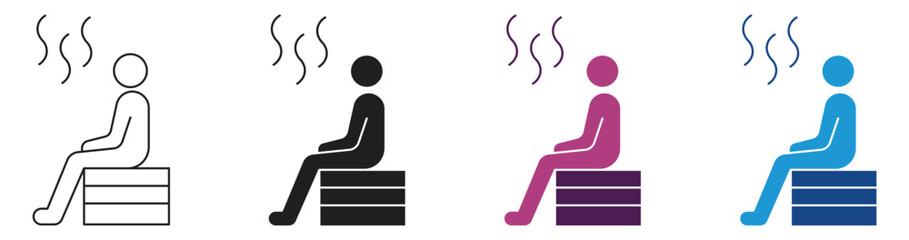 Sauna icon set. Spa service, hot steam room or sweat room. Relax of relaxation exercises. Human rest, stick figure man. Vector illustration .