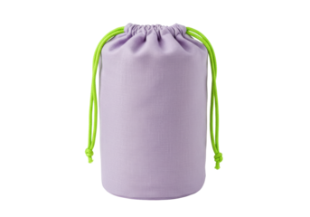 Isolated reusable lilac fabric drawstring bag with bright green cord, neutral presentation