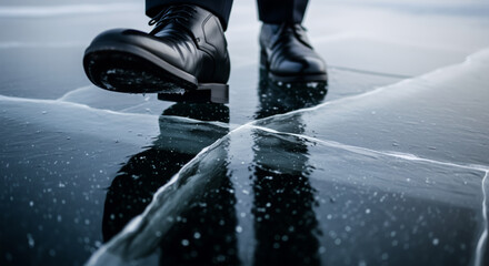 Businessman Walking Carefully on Thin Ice