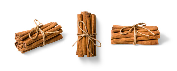 Three bundles of cinnamon sticks tied with rustic twine isolated on a transparent background, PNG. High resolution. Natural Aromatic Spice for Cooking and Baking
