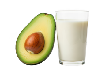 Avocado half and a glass of milk isolated on transparent background, healthy drink