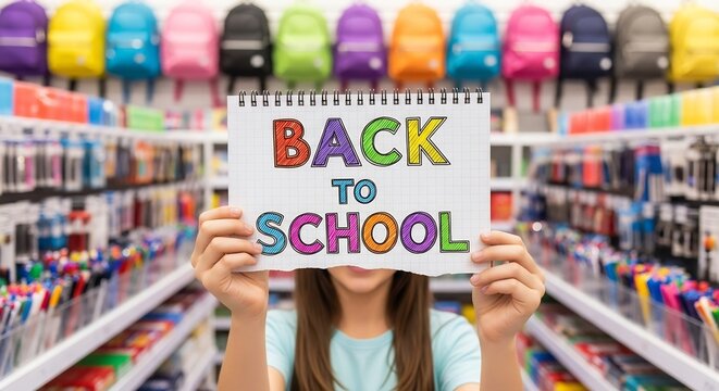 Back to school concept. Girl holding sign in a school supply store. Great for educational marketing, sales event, shopping season promotions, student materials. - Powered by Adobe