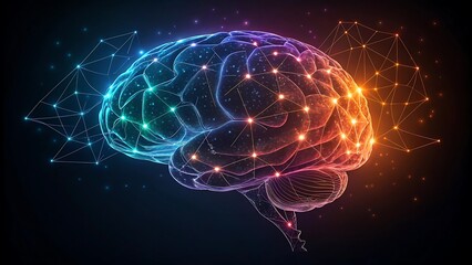 Vibrant glowing digital brain network with interconnected nodes representing artificial intelligence and neural connections in a dark background