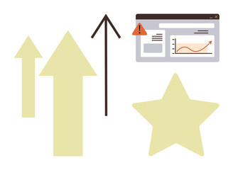 Upward arrows with a data dashboard, alert icon, and star. Ideal for analytics, success, growth, development, achievement goal setting productivity. A clean and simple flat metaphor