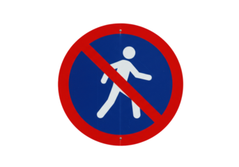 Isolated blue and red sign forbidding pedestrians, prohibiting crossing, safety first