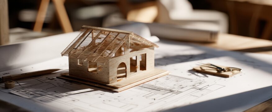 The wooden architectural model house on blueprint plans with sunlight and tools