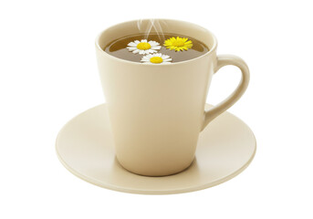 Isolated cup of chamomile tea with daisy flowers and steam for relaxing afternoon break