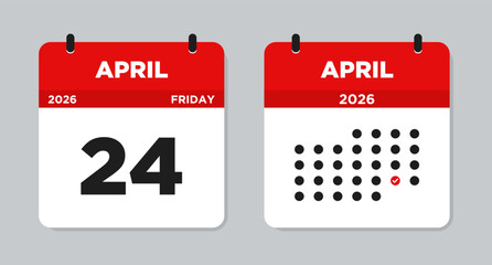 April 24 2026 Friday Calendar Vector Illustration. April 24 calendar page. Day calendar with date April 24. Week Starts on Sunday. Checklist day calendar. Modern Flat Calendar template icon
