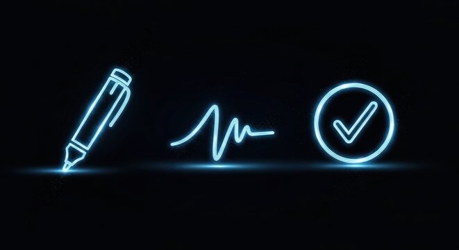 Digital holographic document signing icons — pen, signature, and approval check — glowing light-blue on black background