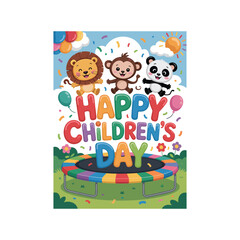 Obraz premium Joyful happy children's day celebration with cute cartoon animals and colorful confetti