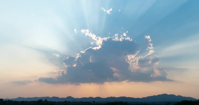 Timelapse Sunbeam during sunset through big clouds