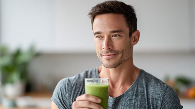 Happy man drinking a healthy green smoothie or detox juice at home in his kitchen, enjoying a refreshing summer beverage made with fresh fruits, vegetables, and herbs