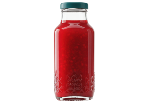Isolated bottle of red fruit juice, an ingredient for preparing cold beverages and drinks