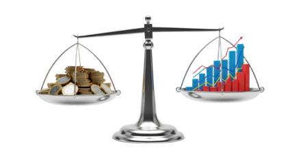 Balance Scale Weighing Gold Coins Against Financial Growth Chart isolated on Transparent Background