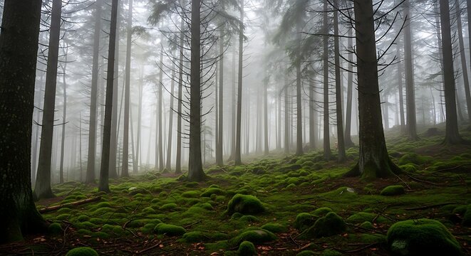Eerie misty forest with tall trees and moss covered ground image - Powered by Adobe