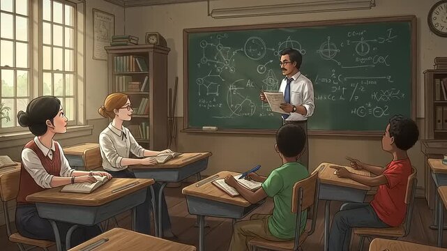 Classroom scene with a teacher explaining science concepts to engaged students during a lesson - Powered by Adobe