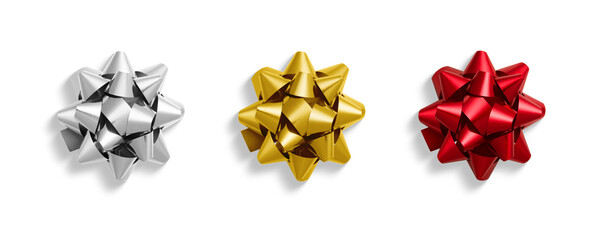 Shiny red, gold and silver metallic gift bow isolated on a transparent background, PNG. High...