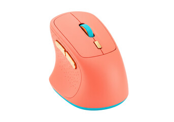Isolated ergonomic computer mouse in coral color with aqua blue trim for right-handed users