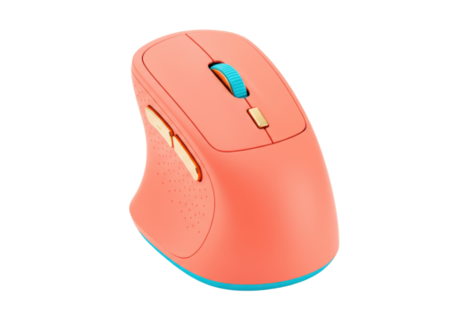 Isolated ergonomic computer mouse in coral color with aqua blue trim for right-handed users