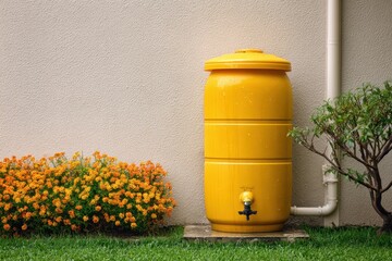 Yellow rainwater collection barrel beside vibrant flower beds colorful blooms. Sustainable gardening. Enhancing the outdoor space environment. Promoting eco-friendly horticulture, farming practices