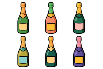 Colorful champagne bottles for celebration and party decoration. Set of 6 vector illustration