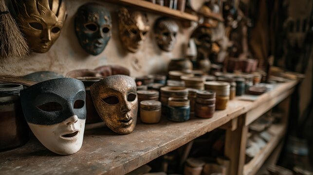 Handcrafted Masks and Paint Jars on Shelf