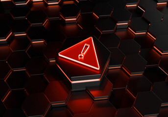 Warning sign on Black background: A vibrant red alert icon glows prominently against a sleek, dark backdrop of interlocking hexagons, symbolizing critical data and potential danger.