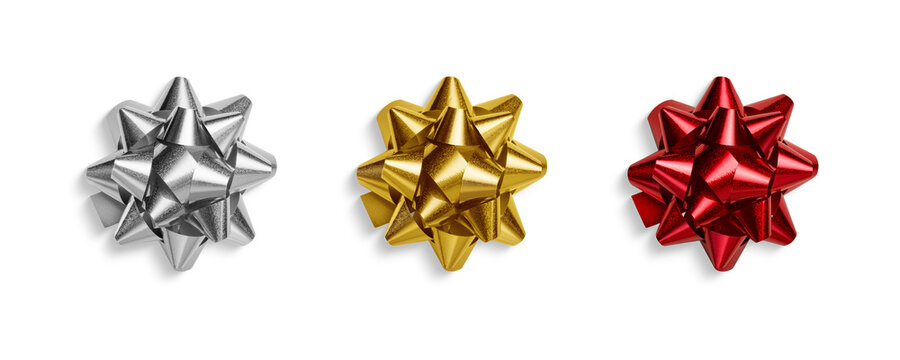 Shiny red, gold and silver metallic gift bow isolated on a transparent background, PNG. High resolution. Festive ribbon decoration for wrapping presents, Christmas, birthdays, and holiday celebration.