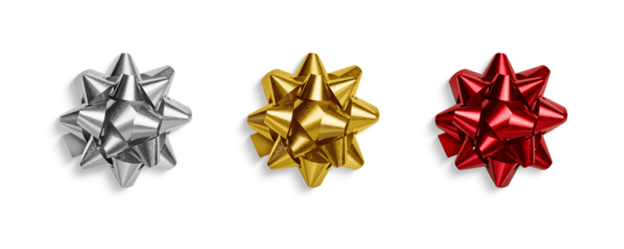 Shiny red, gold and silver metallic gift bow isolated on a transparent background, PNG. High resolution. Festive ribbon decoration for wrapping presents, Christmas, birthdays, and holiday celebration. - Powered by Adobe