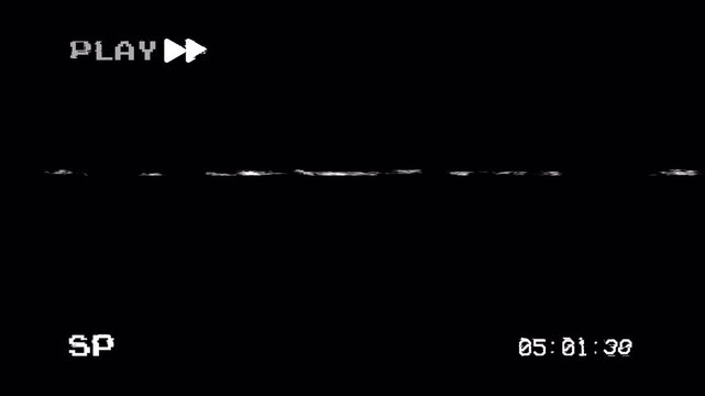 4K Retro VHS Fast Forward Overlay Loop with Time Code, Play Icon, and Glitch Effect. Vintage Camcorder Tape Player Animation.