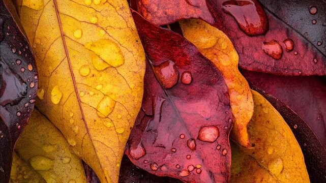 A vibrant macro shot of wet, colorful autumn leaves with glistening raindrops