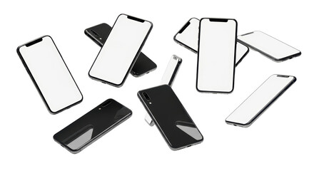 Collection Of Modern Smartphones Arranged In A Dynamic Composition isolated on Transparent Background
