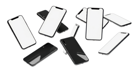 Collection Of Modern Smartphones Arranged In A Dynamic Composition isolated on Transparent Background
