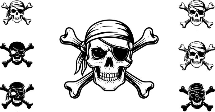 skull skelton pirate bone crossbones halloween danger warning caution detailed silhouette set vector illustration graphic design art flat icon symbol sign dark shadow on a white background