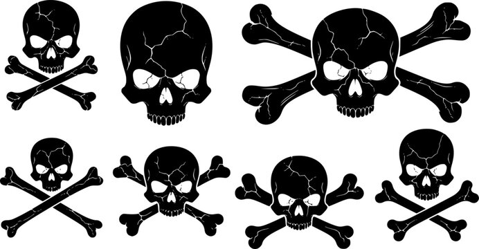 skull skelton pirate bone crossbones halloween danger warning caution detailed silhouette set vector illustration graphic design art flat icon symbol sign dark shadow on a white background