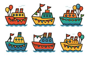 Colorful celebration boats featuring festive decorations and balloons. Set of 6 vector illustration
