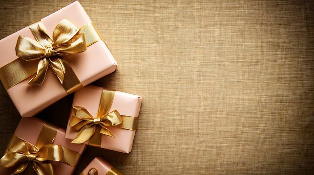 Gifts on Golden Surface: presents adorned with elegant ribbons and bows, placed against a textured gold background, creating a visual symphony of elegance and generosity.