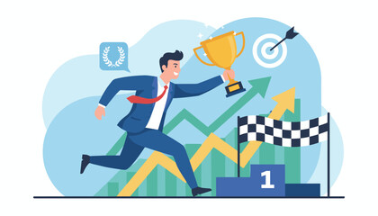 Vibrant illustration of a triumphant businessman in a blue suit, holding a golden trophy aloft, sprinting towards a checkered finish line, symbolizing success, achievement, and reaching goals, with