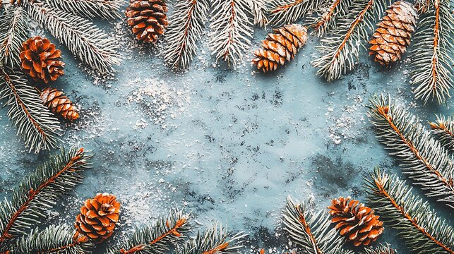 Festive Forest Embellishment: A seasonal tableau of evergreen boughs, frosted with a delicate dusting of snow, embraces a collection of pine cones, evoking a sense of warmth and tradition.