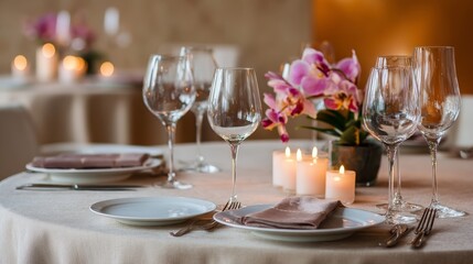 Fototapeta premium Elegant dining table setup with crystal goblets, fresh orchids, flickering candles, and soft beige background creating a sophisticated and warm ambiance