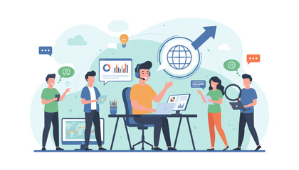 Vibrant vector illustration depicting a team collaborating on a digital project, with a central internet assistant wearing a headset, surrounded by charts, graphs, and communication icons