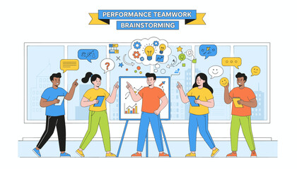 Vibrant vector illustration depicting a diverse team engaged in a dynamic brainstorming session, highlighting performance, collaboration, and idea generation with colorful icons and speech bubbles in