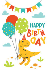 Fototapeta premium Birthday card with dinosaurs in flat vector style. Playful prehistoric scene with party elements for kids' celebrations. Perfect for invitations and greeting designs.Vector colorful illustration