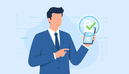 Quality assurance and guarantee concept: a businessman in a blue suit holds a smartphone displaying a document with a green checkmark and a badge, symbolizing successful verification and approval in