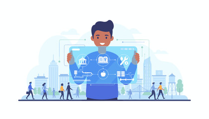 A smiling man holds a transparent digital interface displaying icons representing government, education, health, and technology, set against a backdrop of a modern city with diverse people walking