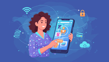 Smiling woman confidently making online purchases using a smartphone, surrounded by icons representing e-commerce, security, and global connectivity, illustrating the convenience of digital shopping